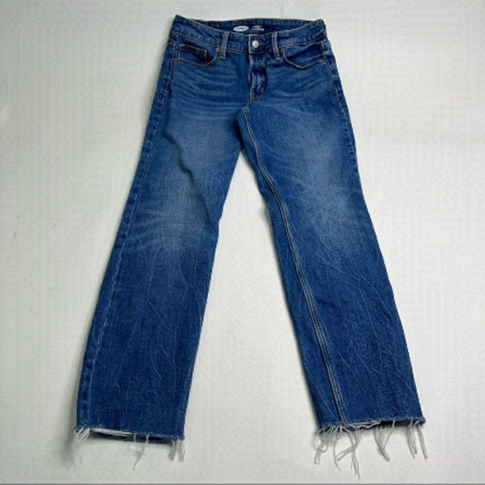 𝅺OLD NAVY Deep Blue High Rise Raw Hem Power Slim Straight Leg Jeans SIZE 4